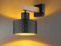 Wandleuchte RIELLY Metall mit Schalter und Stanzmuster Schwarz Gold, Höhe 24,5cm