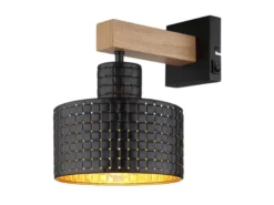 Wandleuchte RIELLY Metall mit Schalter und Stanzmuster Schwarz Gold, Höhe 24,5cm