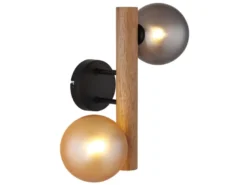 Wandleuchte RIHA aus Holz 2-flammig Glaskugeln Rauchglas & Bernstein, Höhe 32cm