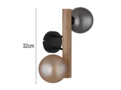 Wandleuchte RIHA aus Holz 2-flammig Glaskugeln Rauchglas & Bernstein, Höhe 32cm