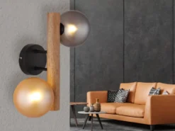 Wandleuchte RIHA aus Holz 2-flammig Glaskugeln Rauchglas & Bernstein, Höhe 32cm