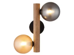 Wandleuchte RIHA aus Holz 2-flammig Glaskugeln Rauchglas & Bernstein, Höhe 32cm