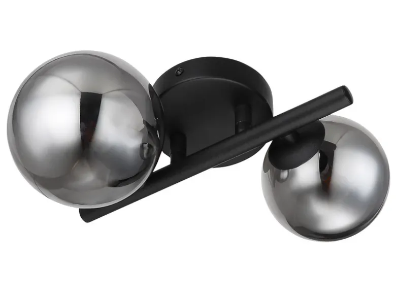 Wandleuchte RIHA Schwarz 2-flammig mit Glaskugeln Rauchglas, Höhe 24cm