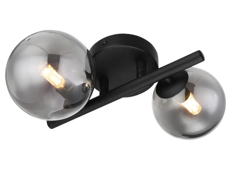 Wandleuchte RIHA Schwarz 2-flammig mit Glaskugeln Rauchglas, Höhe 24cm