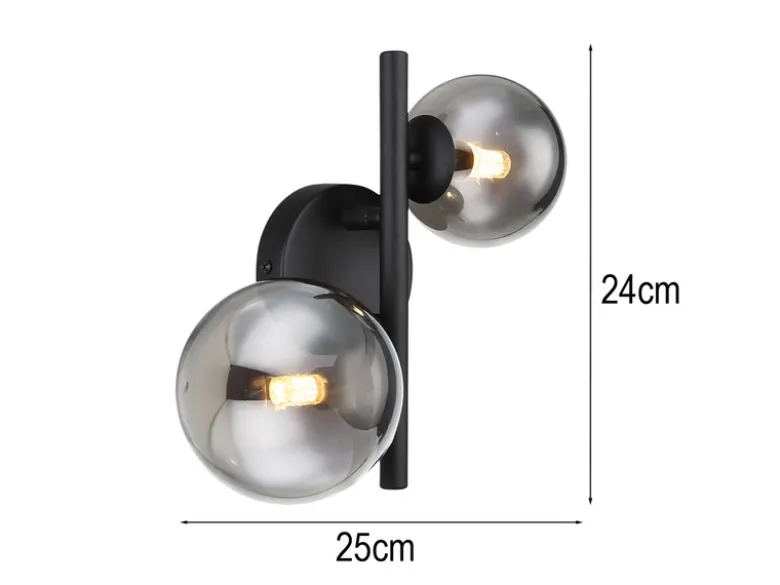 Wandleuchte RIHA Schwarz 2-flammig mit Glaskugeln Rauchglas, Höhe 24cm