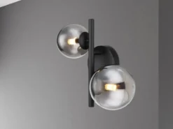 Wandleuchte RIHA Schwarz 2-flammig mit Glaskugeln Rauchglas, Höhe 24cm
