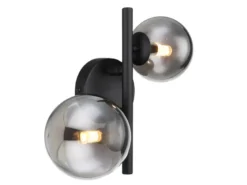 Wandleuchte RIHA Schwarz 2-flammig mit Glaskugeln Rauchglas, Höhe 24cm