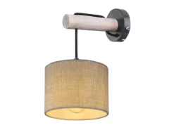 Wandleuchte ROGERS mit Schalter, Holz und Stoffschirm Grau, Höhe 33,5cm