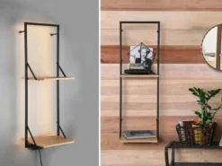 Wandregal LEONIE Holz & Metall Schwarz mit LED Licht 32cm schmal & 72cm hoch