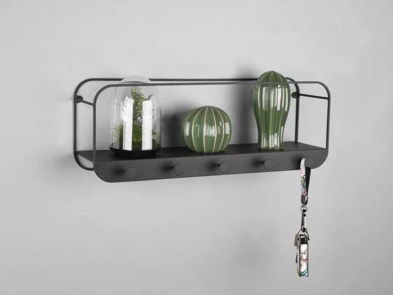 Wandregal LIANDRA aus Metall schwarz & 5 Haken 50x18cm