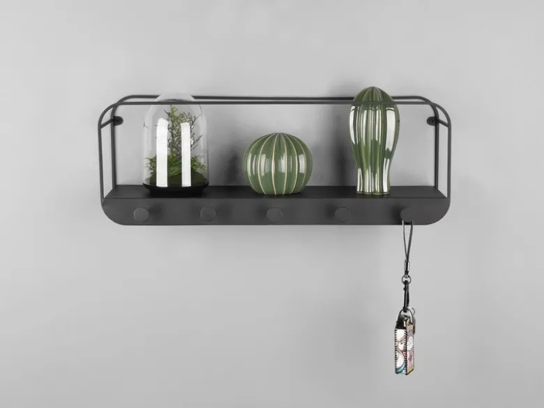 Wandregal LIANDRA aus Metall schwarz & 5 Haken 50x18cm