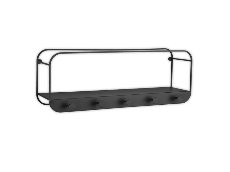 Wandregal LIANDRA aus Metall schwarz & 5 Haken 50x18cm