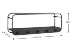 Wandregal LIANDRA aus Metall schwarz & 5 Haken 50x18cm