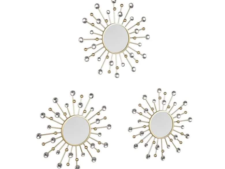 Wandspiegel MELANIE 3er Set Rahmen in Gold mit Dekorkugeln & Kristallen Ø 25,5cm
