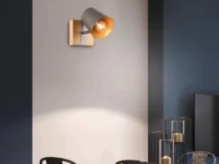 Wandstrahler BELL Silber antik & Gold mit Holz Industrial Style, Breite 11cm
