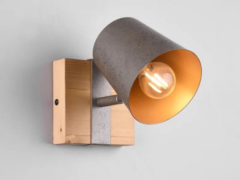 Wandstrahler BELL Silber antik & Gold mit Holz Industrial Style, Breite 11cm