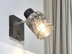 Wandstrahler JACK mit Schalter und Rauchglas Lampenschirm, Höhe 16cm
