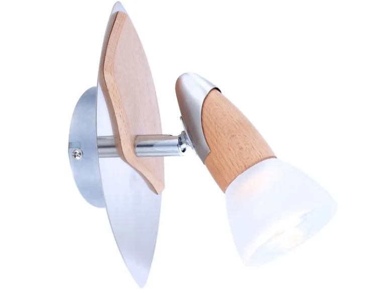 Wandstrahler LORD Silber matt mit Holz, Glasschirm satiniert, Breite 9,5cm