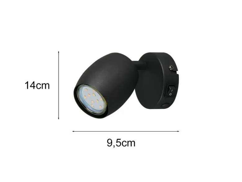 Wandstrahler NANCY mit Schalter aus Metall Schwarz, Höhe 14cm