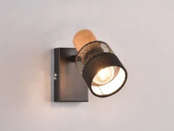 Wandstrahler NANDINI mit Holz & Draht-Stoff Lampenschirm, Breite 7cm