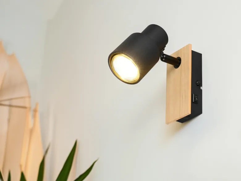 Wandstrahler PIERRE mit Schalter, Metall Schwarz & Holz, Breite 6cm