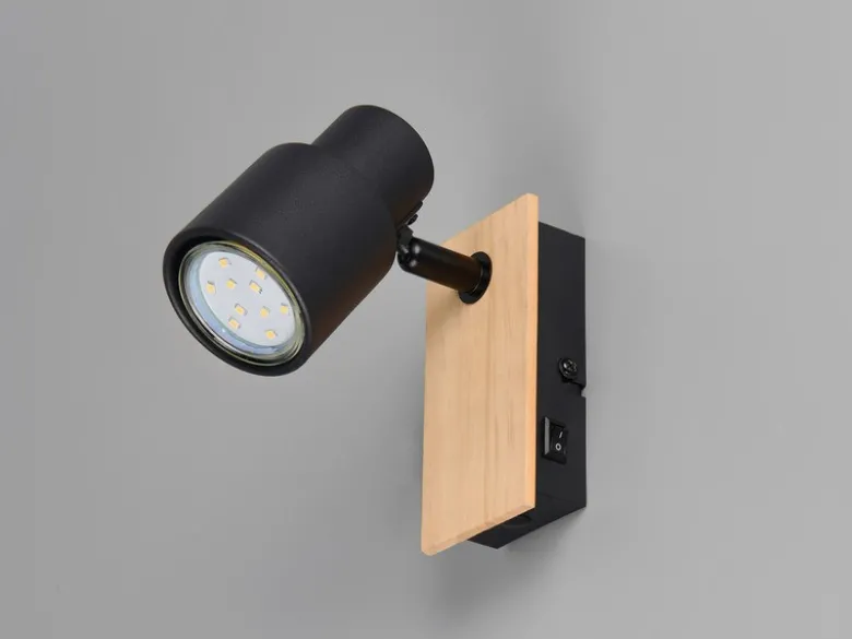 Wandstrahler PIERRE mit Schalter, Metall Schwarz & Holz, Breite 6cm
