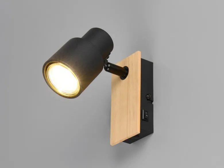 Wandstrahler PIERRE mit Schalter, Metall Schwarz & Holz, Breite 6cm