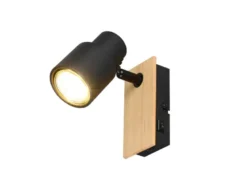 Wandstrahler PIERRE mit Schalter, Metall Schwarz & Holz, Breite 6cm