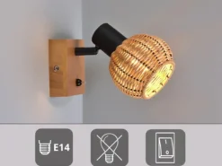 Wandstrahler TAVAR mit Schalter, Holz & Rattan Korbgeflecht, Breite 10,5cm