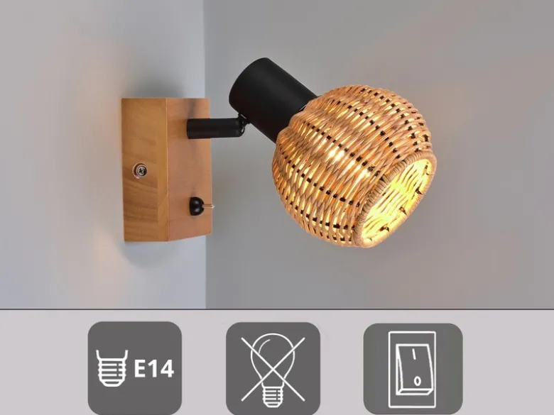 Wandstrahler TAVAR mit Schalter, Holz & Rattan Korbgeflecht, Breite 10,5cm