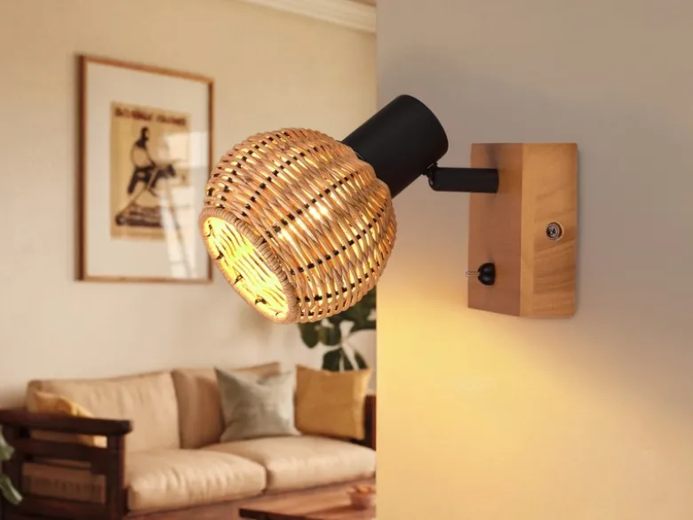 Wandstrahler TAVAR mit Schalter, Holz & Rattan Korbgeflecht, Breite 10,5cm