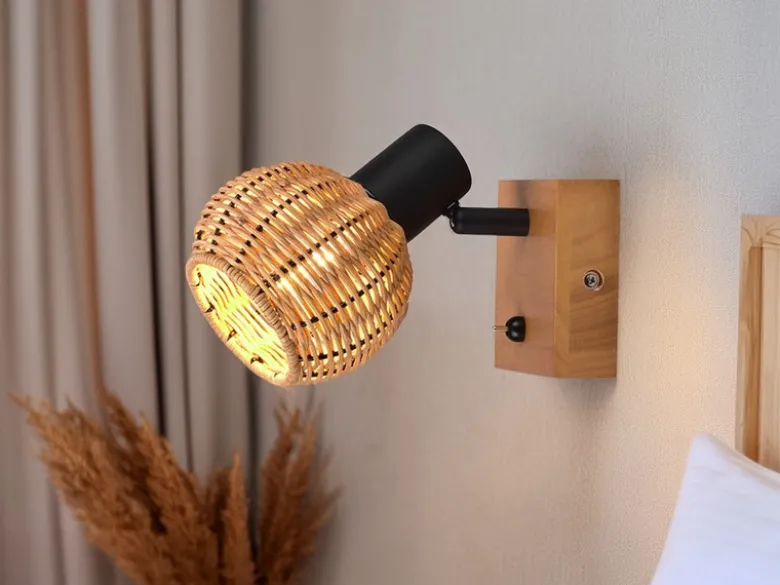 Wandstrahler TAVAR mit Schalter, Holz & Rattan Korbgeflecht, Breite 10,5cm
