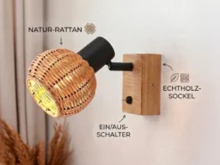 Wandstrahler TAVAR mit Schalter, Holz & Rattan Korbgeflecht, Breite 10,5cm