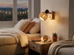 Wandstrahler TAVAR mit Schalter, Holz & Rattan Korbgeflecht, Breite 10,5cm