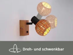 Wandstrahler TAVAR mit Schalter, Holz & Rattan Korbgeflecht, Breite 10,5cm