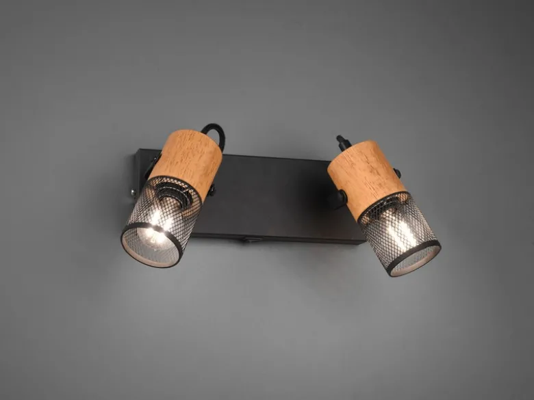 Wandstrahler TOSH 2-flammig mit Schalter, Schwarz & Holz, Breite 26cm