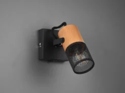 Wandstrahler TOSH mit Schalter, Schwarz mit Holz & Gitterschirm, Breite 9cm