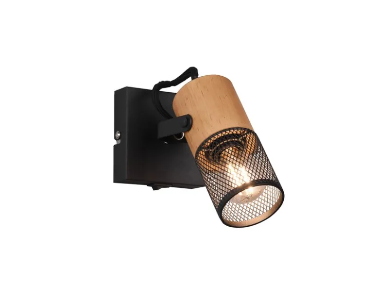 Wandstrahler TOSH mit Schalter, Schwarz mit Holz & Gitterschirm, Breite 9cm