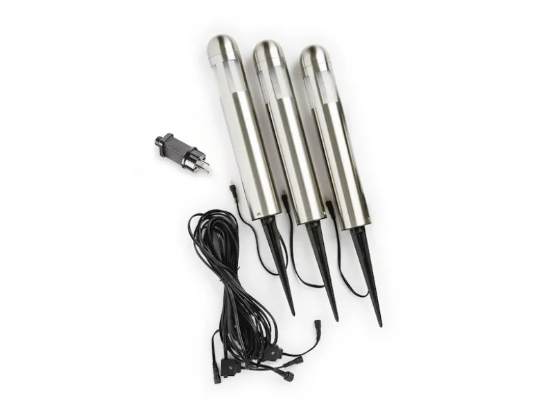 Wegeleuchte AMALFI 3er Set Edelstahl mit Erdspieß, 10m Anschlusskabel, 12V Trafo