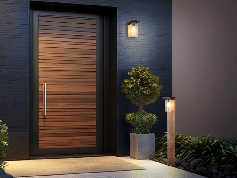 Wegeleuchte ARDILA aus Aluminium Holzoptik mit E27 Glasschirm, Höhe 100cm