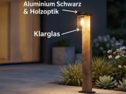 Wegeleuchte aus Aluminium Holzoptik mit E27 LED & Glasschirm, Höhe 100cm