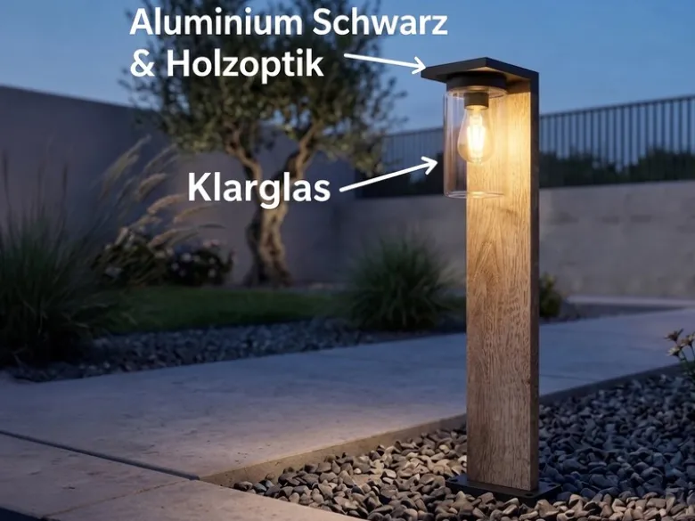 Wegeleuchte aus Aluminium Holzoptik mit E27 LED & Glasschirm, Höhe 65cm