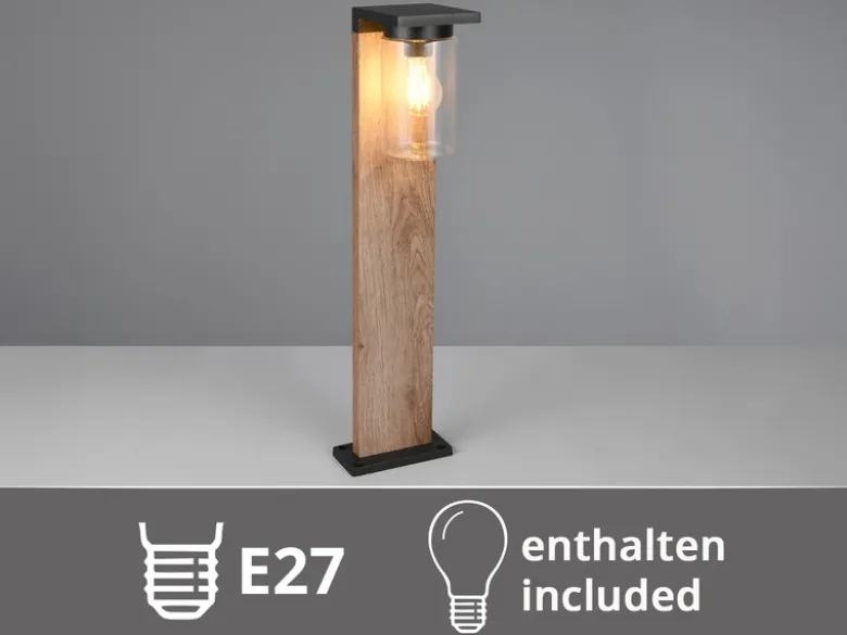 Wegeleuchte aus Aluminium Holzoptik mit E27 LED & Glasschirm, Höhe 65cm
