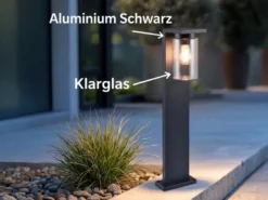 Wegeleuchte aus Aluminium Schwarz mit E27 LED & Glasschirm, Höhe 65cm