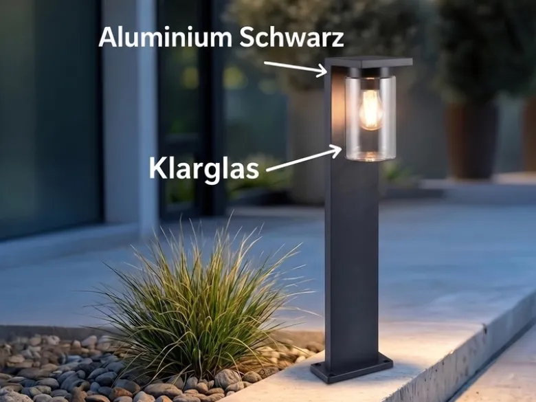 Wegeleuchte aus Aluminium Schwarz mit E27 LED & Glasschirm, Höhe 65cm