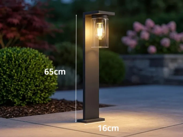 Wegeleuchte aus Aluminium Schwarz mit E27 LED & Glasschirm, Höhe 65cm