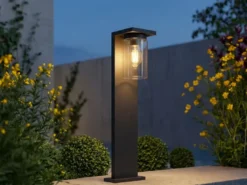 Wegeleuchte aus Aluminium Schwarz mit E27 LED & Glasschirm, Höhe 65cm