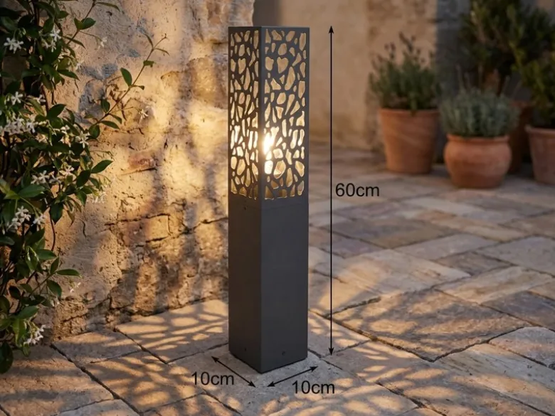 Wegeleuchte Edelstahl in Anthrazit mit E27 LED & Dekorstanzung, Höhe 60cm