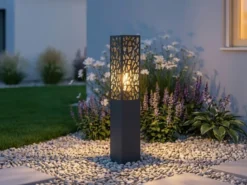 Wegeleuchte Edelstahl in Anthrazit mit E27 LED & Dekorstanzung, Höhe 60cm