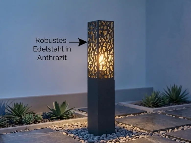 Wegeleuchte Edelstahl in Anthrazit mit E27 LED & Dekorstanzung, Höhe 60cm